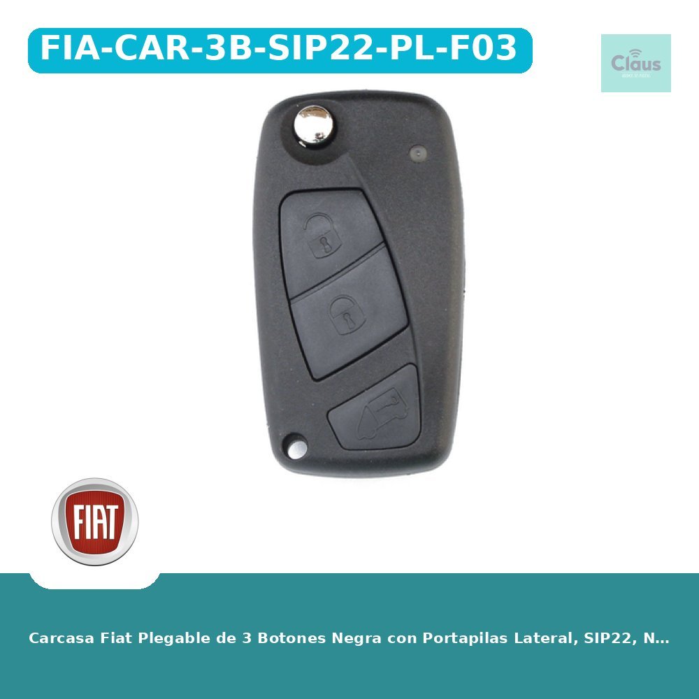 Carcasa Fiat Plegable de 3 Botones Negra con Portapilas Lateral, SIP22, Negra