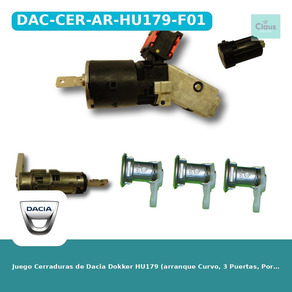 Juego Cerraduras de Dacia Dokker HU179 (arranque Curvo, 3 Puertas, Porton y Guantera) 806011776R - Original -