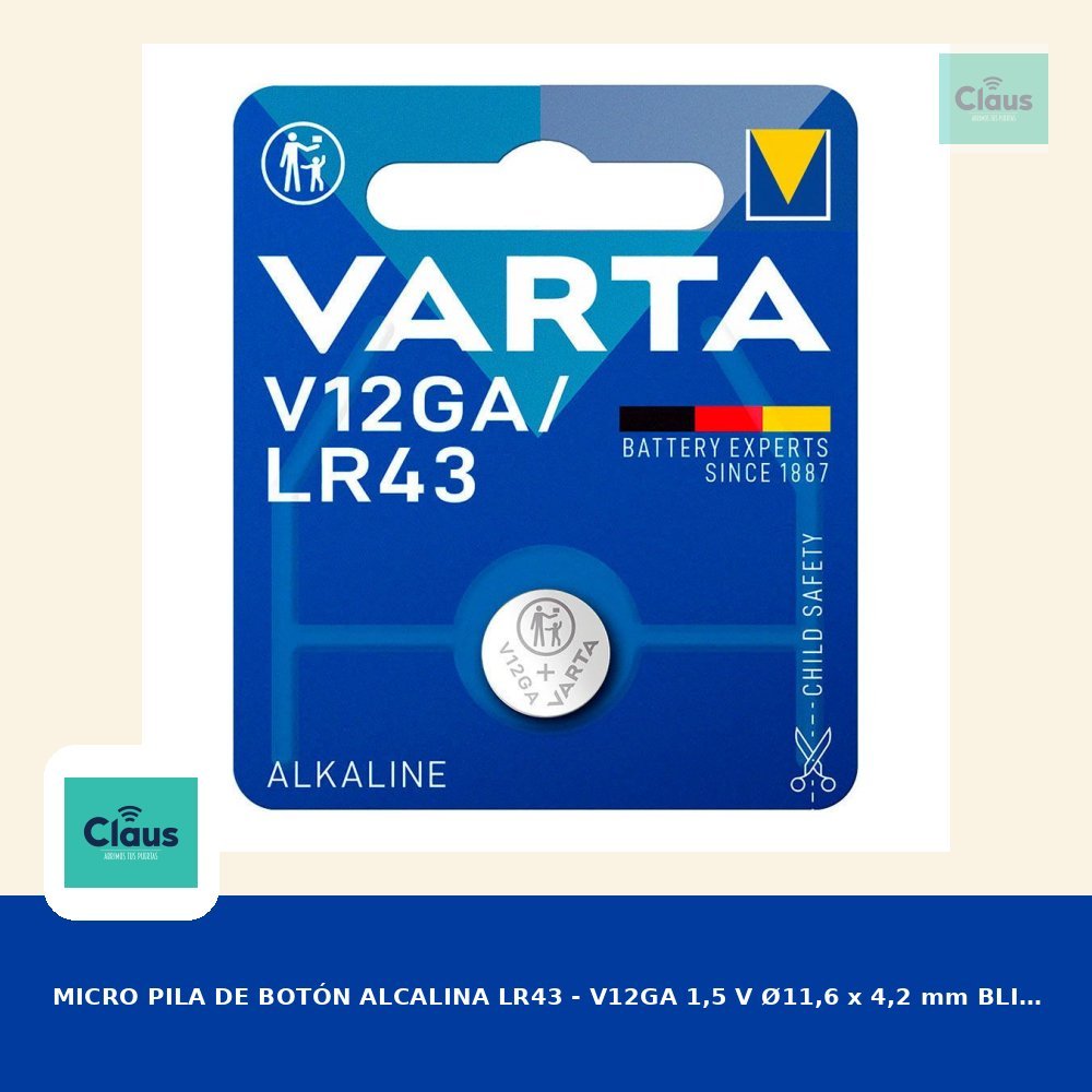 MICRO PILA DE BOTÓN ALCALINA LR43 - V12GA 1,5 V Ø11,6 x 4,2 mm BLISTER