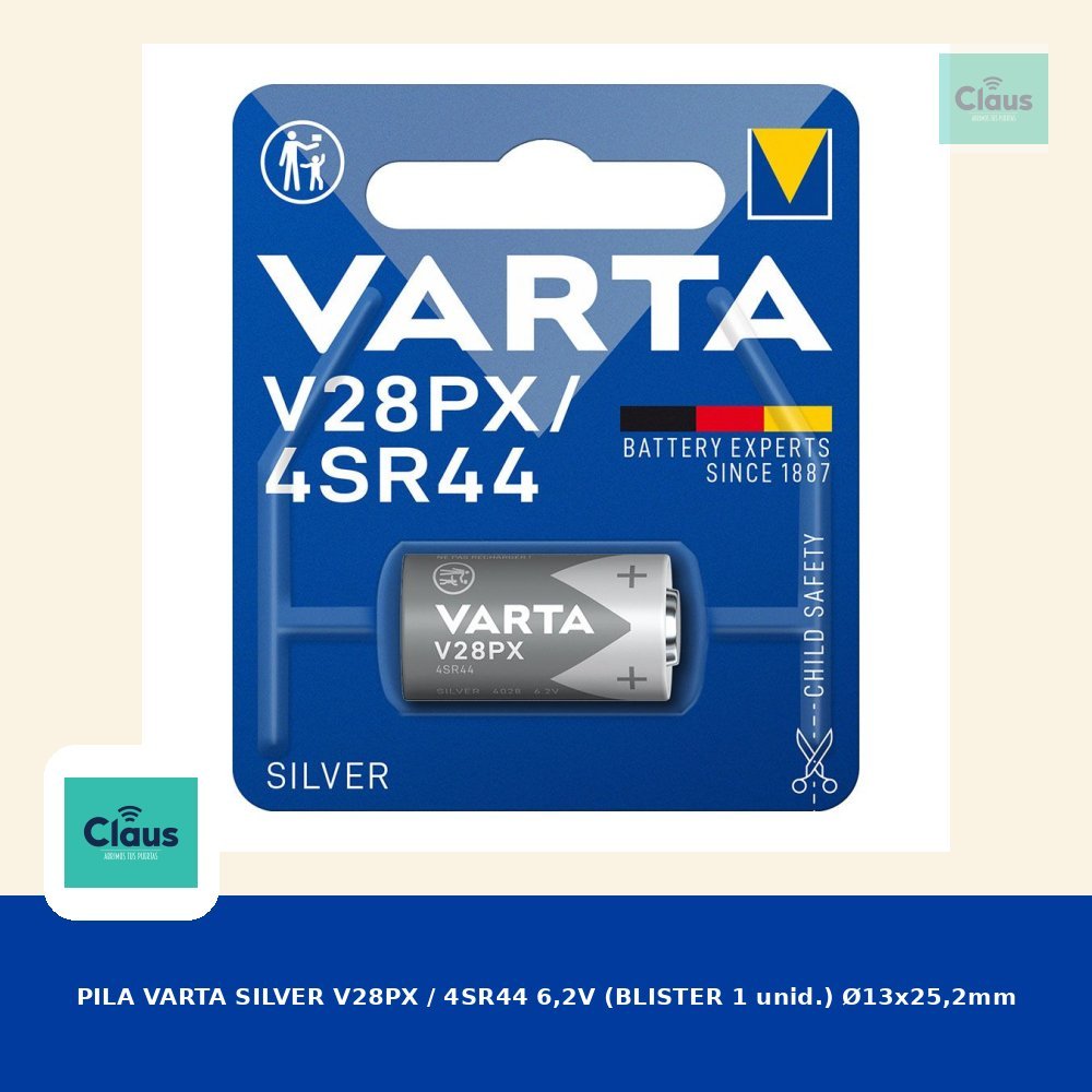PILA VARTA SILVER V28PX / 4SR44 6,2V (BLISTER 1 unid.) Ø13x25,2mm